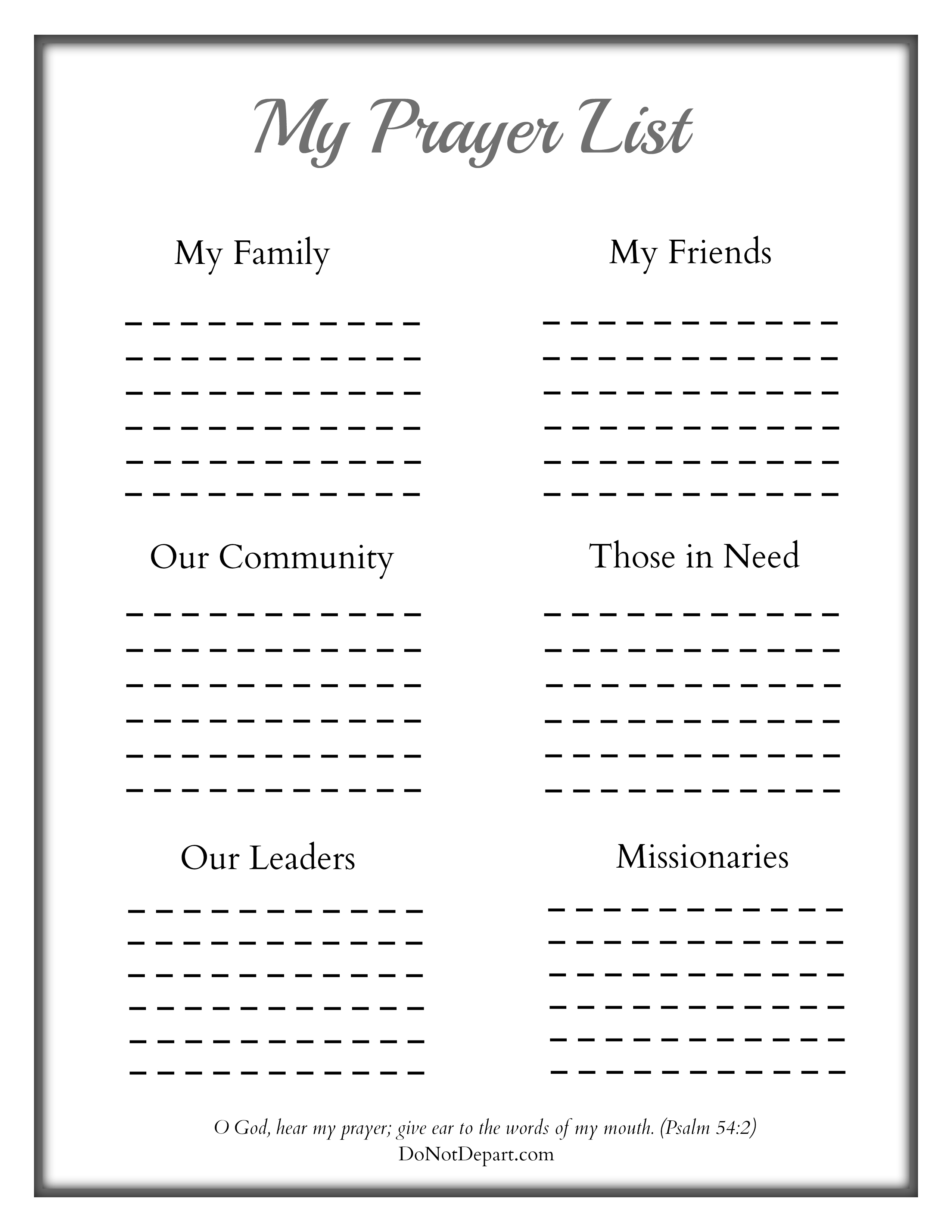 Print this simple prayer list template to help your children keep track of people they want to pray for. DoNotDepart.com