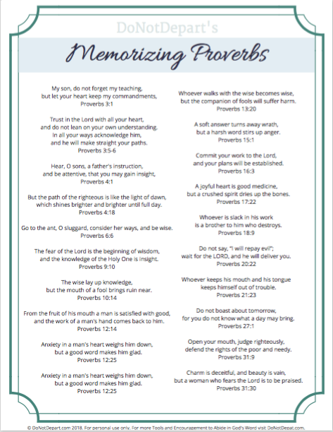 Memorize Proverbs with your kids using this printable list of simple verses.