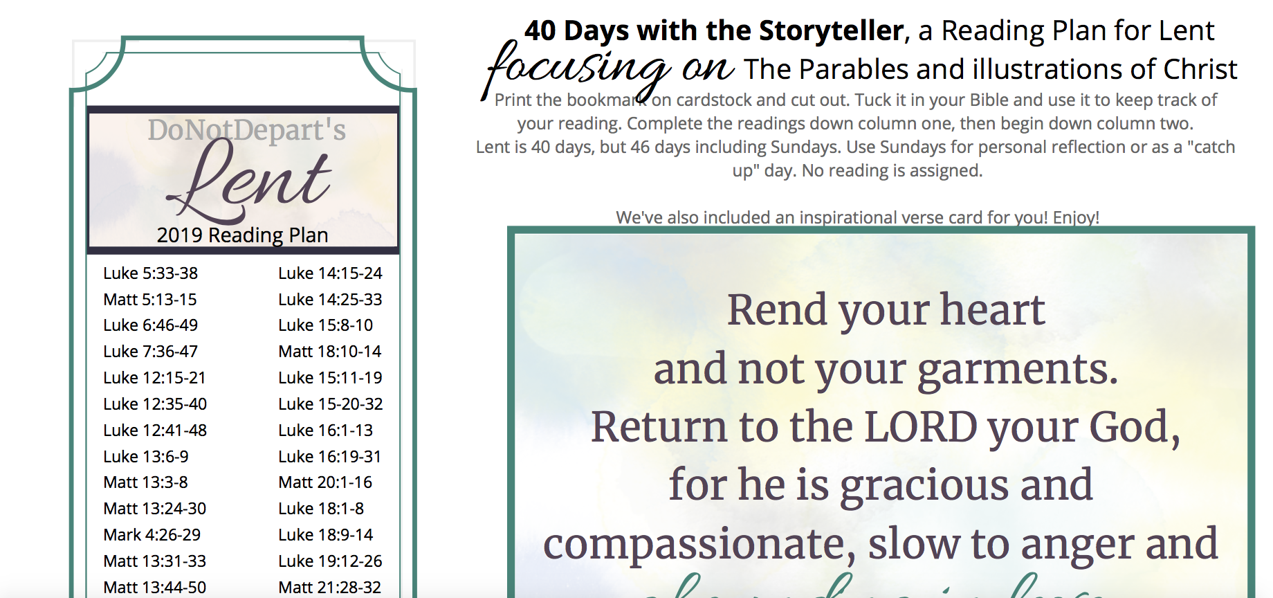 Lent Reading Plan printable bookmark and verse image at DoNotDepart.com